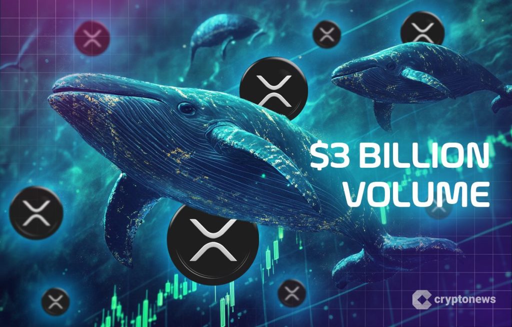 XRP logoja, valas ja teksti, jossa sanotaan 3B volume