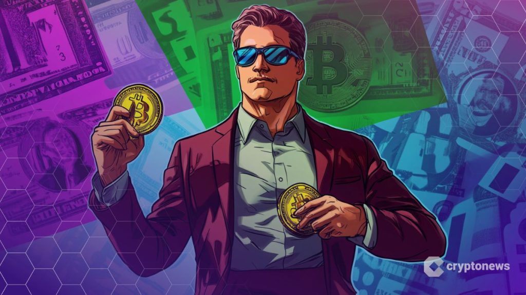 Bitcoin rikkaan näköisen nuoren miehen kädessä. Piirroskuva.