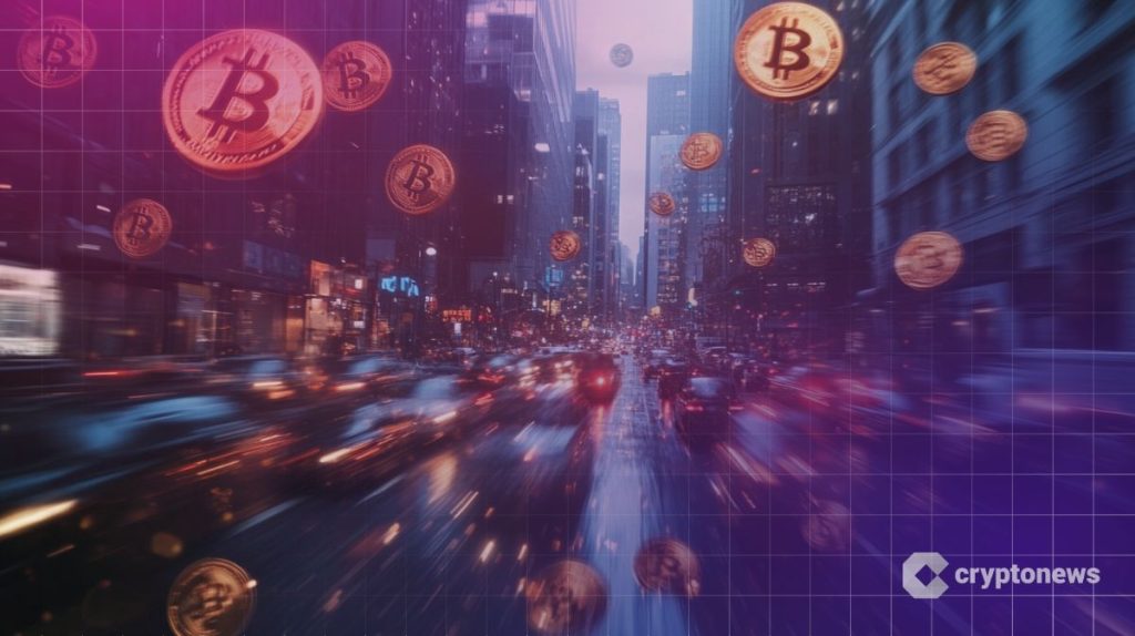 Bitcoin kolikoita lentää kaupungin kaduilla.