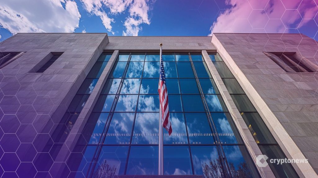 XRP futuurit kuvituksessa pilvenpiirtäjä ja USA::n lippu.