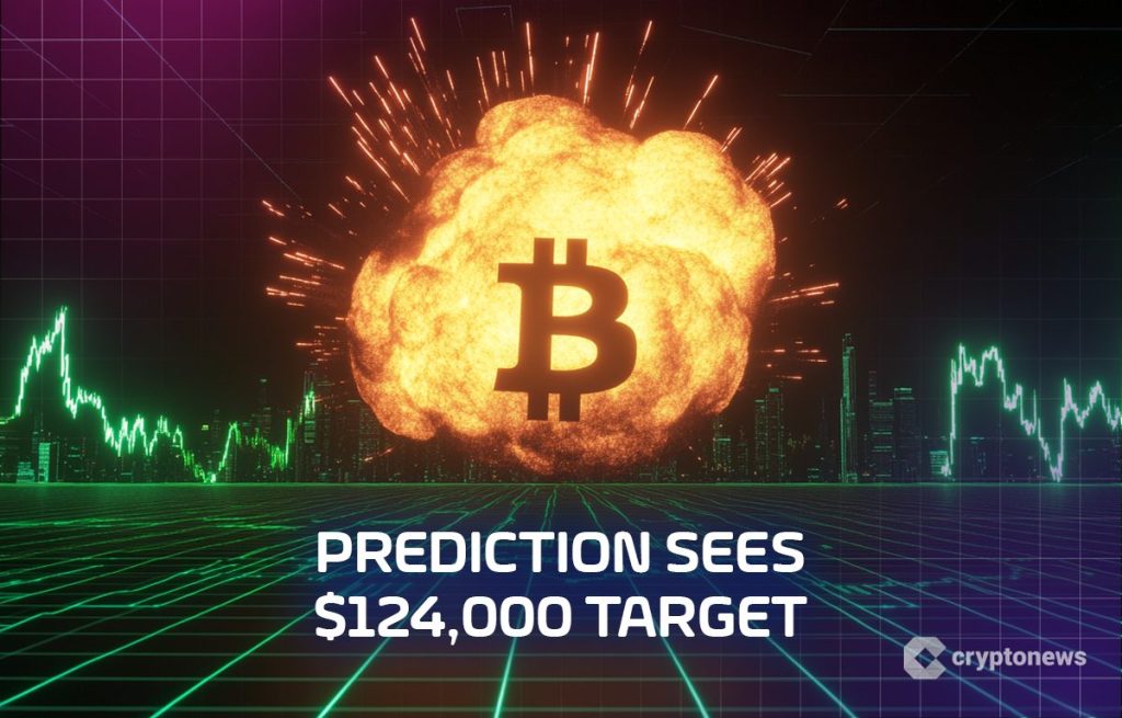 Bitcoin räjähtää ja teksti 124 000 dollaria.
