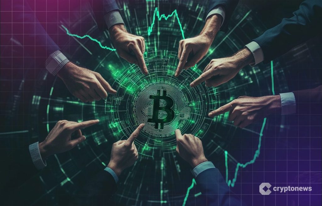 Bitcoin kolikko keskellä, johon useat kädet osoittavat.