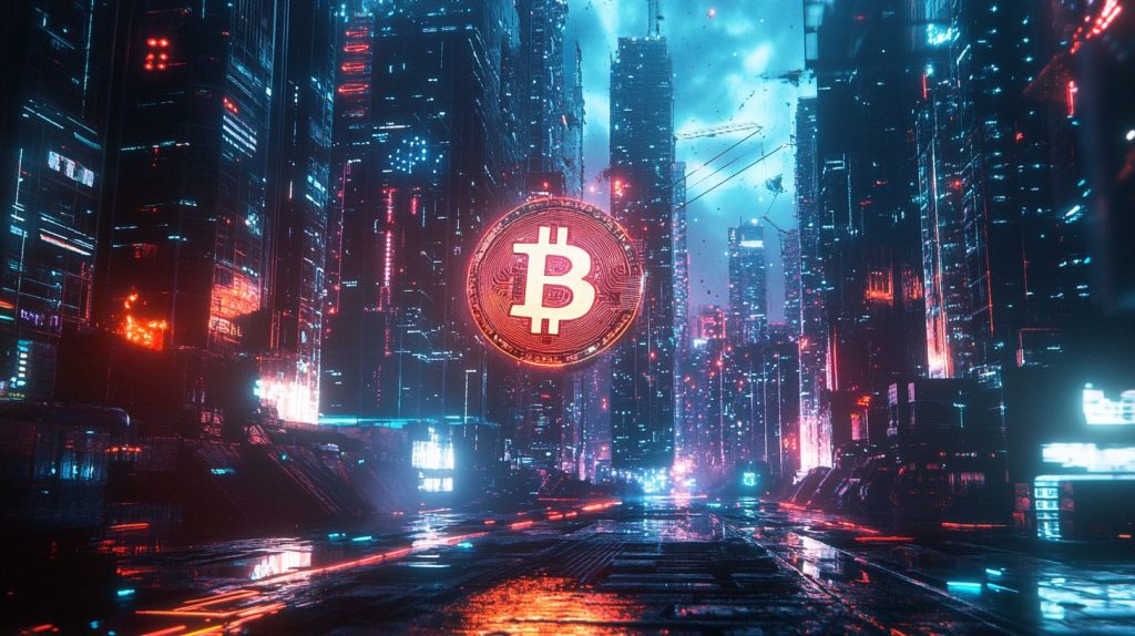 Coinbase kuvituksessa futuristinen kaupunki, jonka keskellä Bitcoin-logo.
