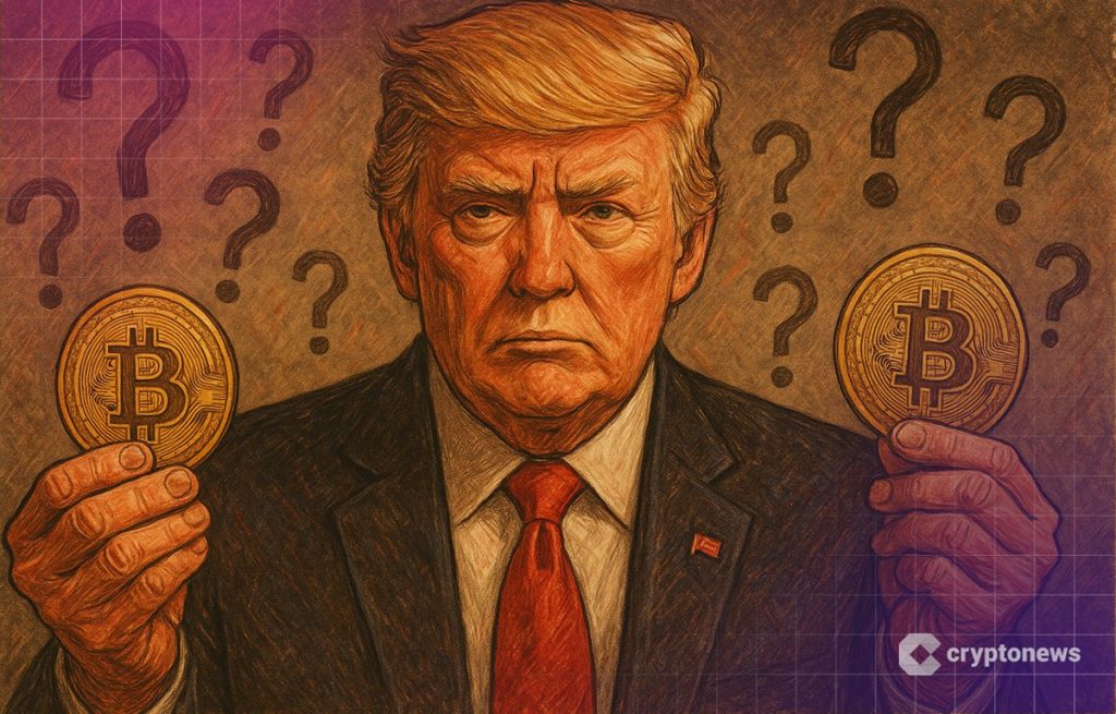 Trumpin omaisuus -kuvituksessa donald trump kryptokolikot kädessään.