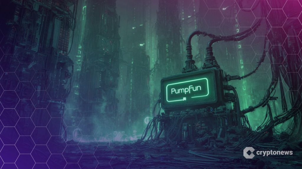 Pump.fun kuvituksena synkkä ja futuristinen kaupunki.