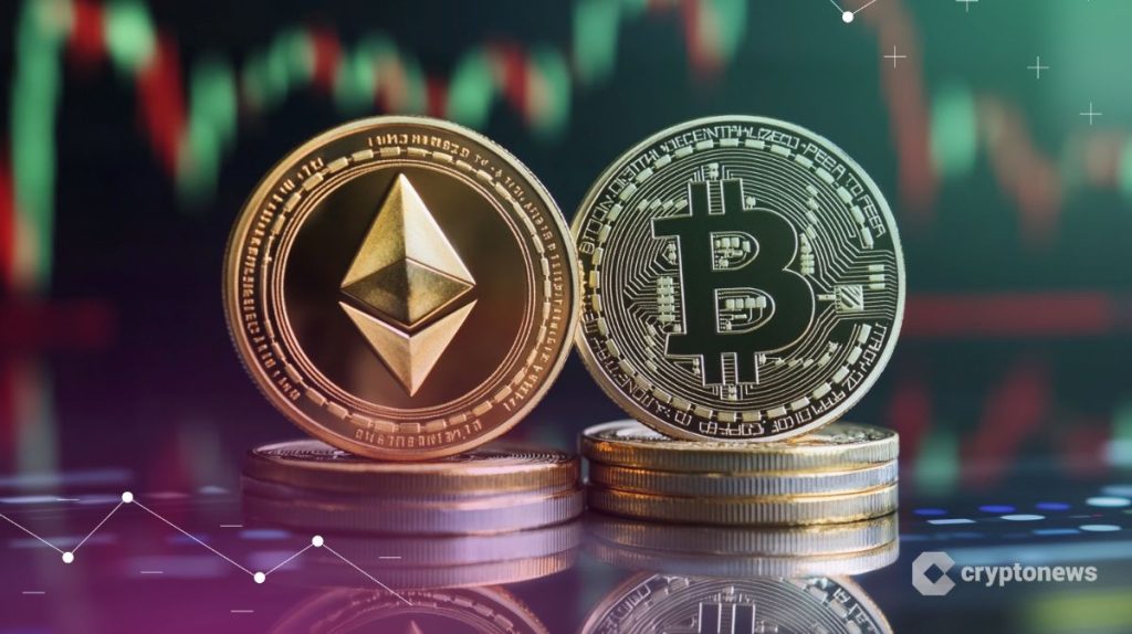 Kryptovaluutat kuvassa bitcoin ja ethereum kolikot