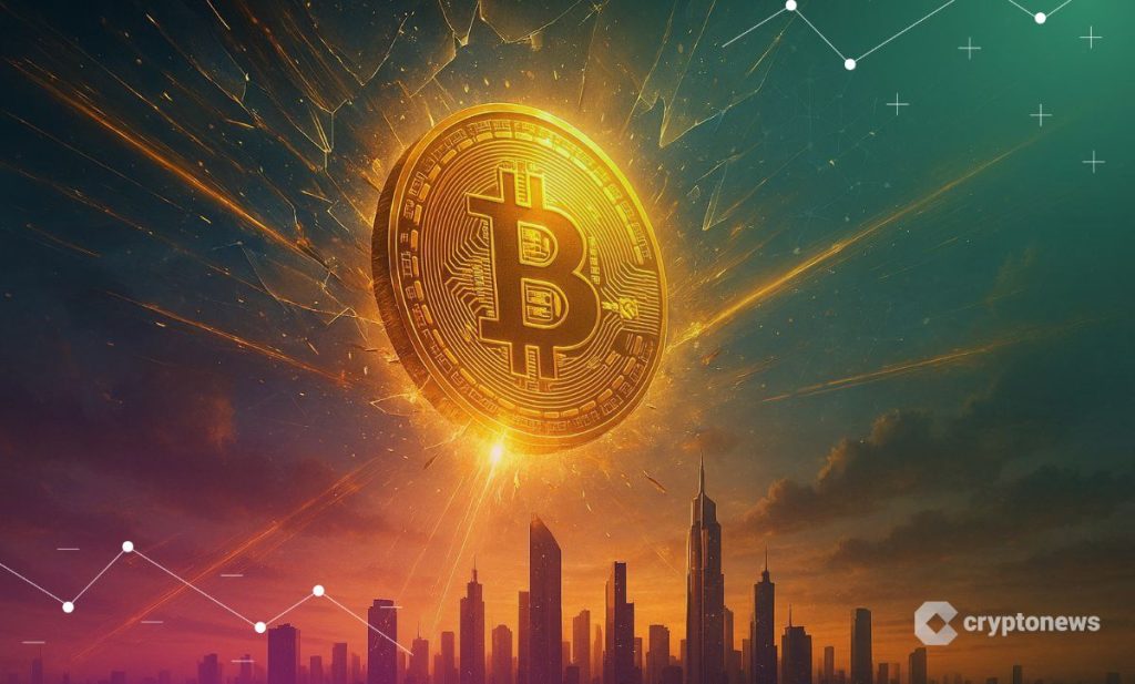 Bitcoin kolikko loistaa kaupungin yllä