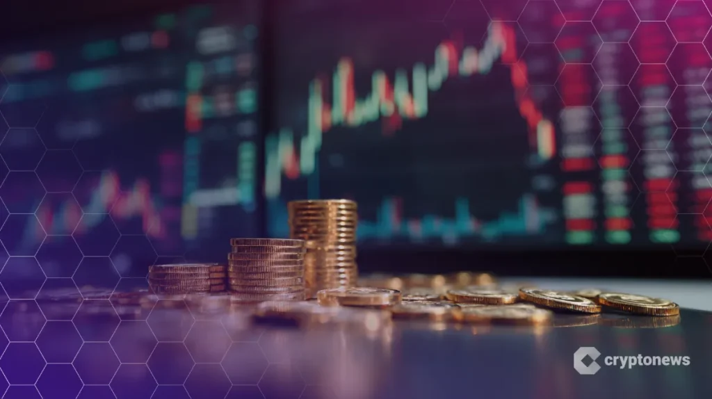 krypto etf -kuvituksena kasa kolikoita ja taustalla kurssikäyrä