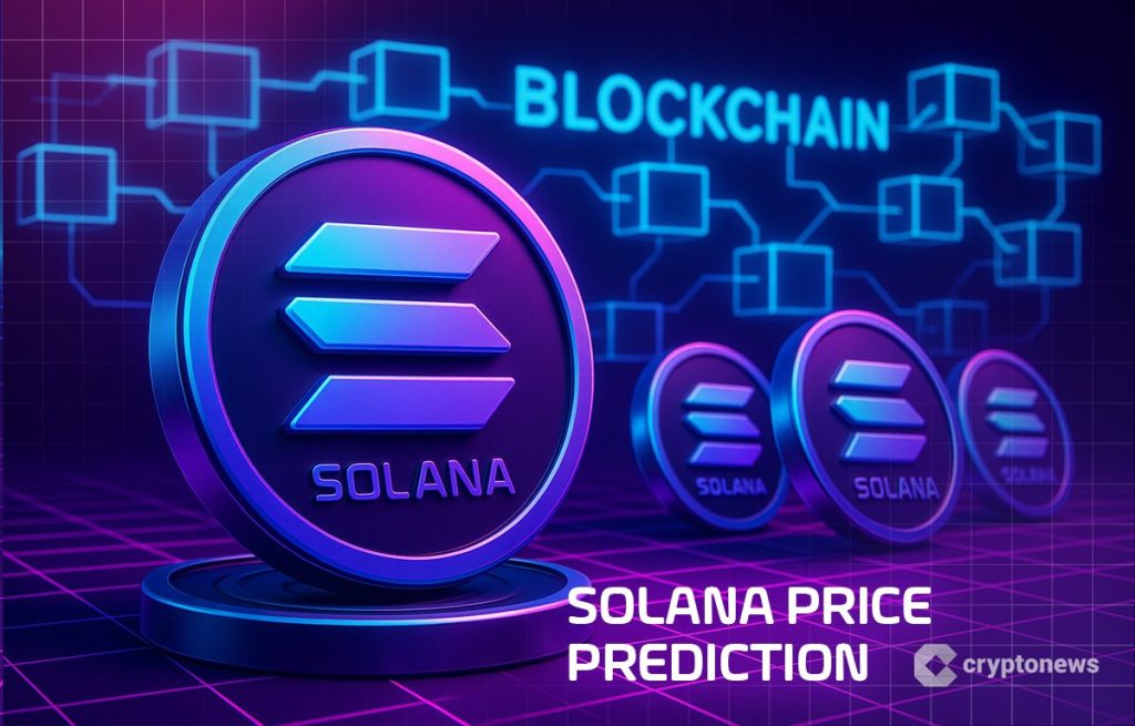 Solana hintaennuste, solana logo ja lohkoketjukuvitusta.