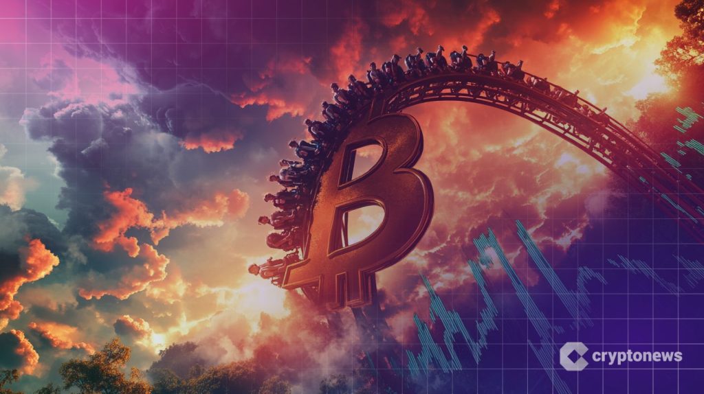 Bitcoin logo vuoristoradan kyljessä.