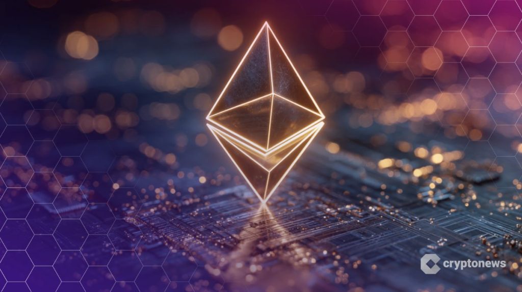 Ethereum logo kultaisena ja kolmiulotteisena piirilevyn päällä.