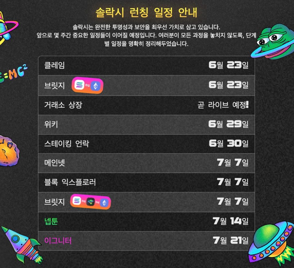 솔락시 주요 런칭 일정