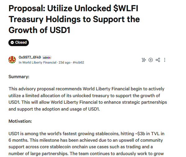 USD1 성장을 위한 WLFI 재무 토큰 활용 거버넌스 제안