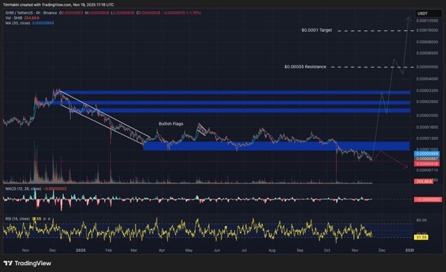 Analisis grafik menunjukkan bahwa SHIB belum mengonfirmasi breakout dari formasi bullish flag yang terbentuk pada awal tahun