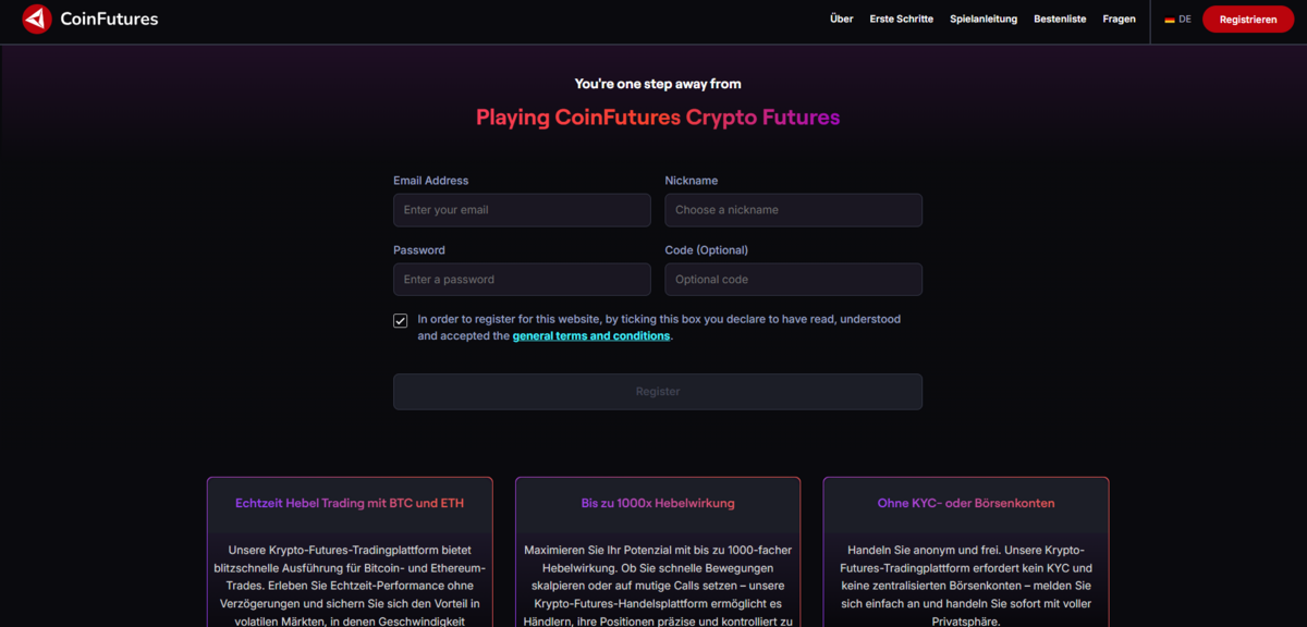 Coinfutures anmelden