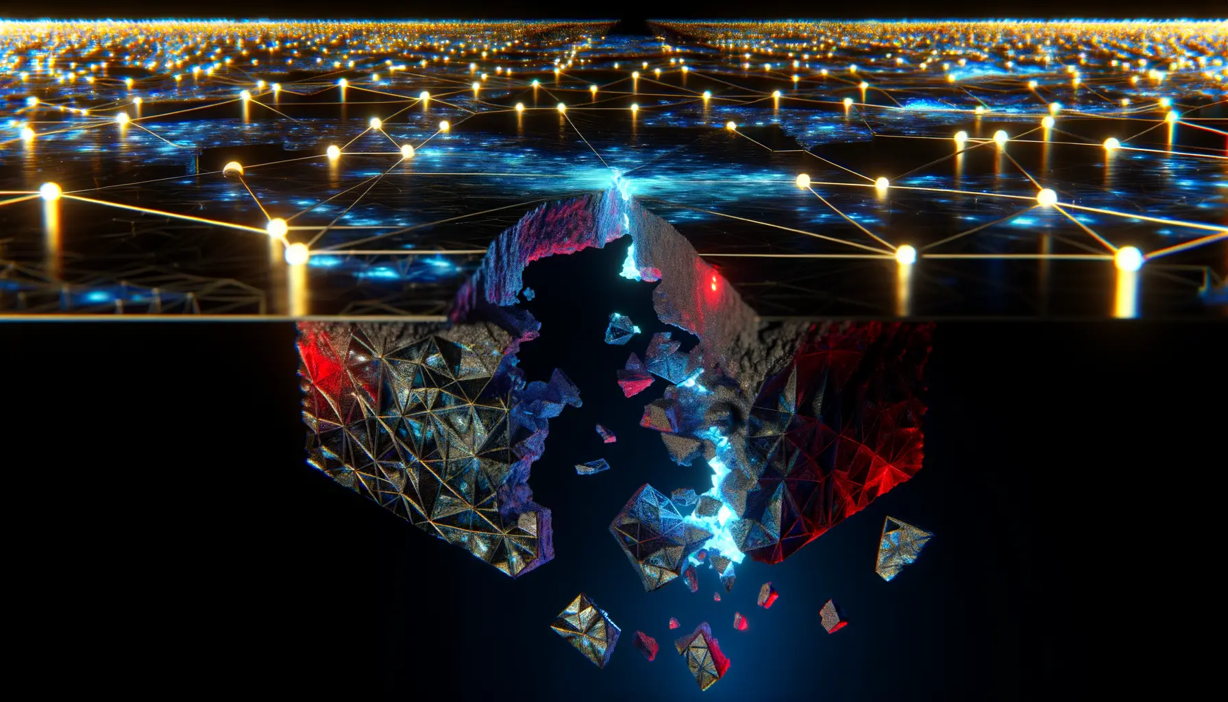 Fractured blockchain bridge structure with broken geometric nodes and glowing data pathways, illustrating security vulnerability