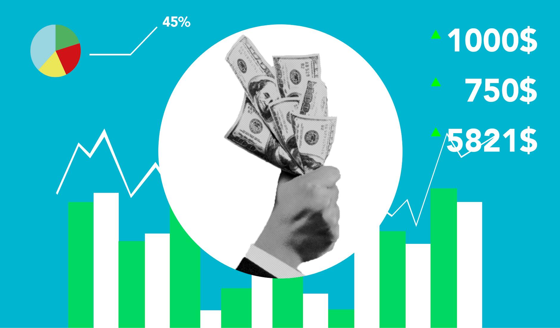 Illustration of a hand holding money with charts, pie chart, and growth indicators on a blue background.