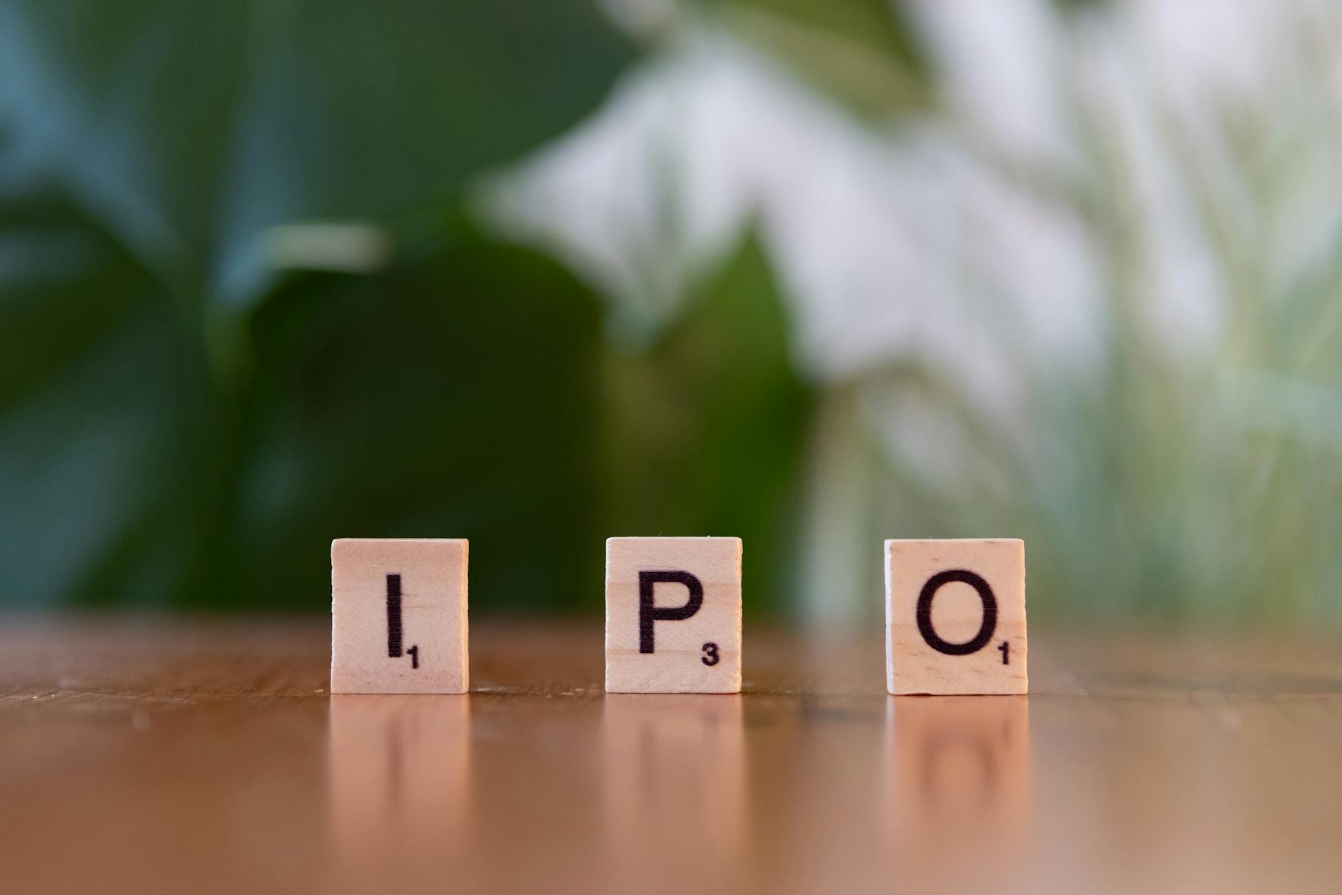 Scrabble tiles spelling IPO on a wooden surface with a plant background.