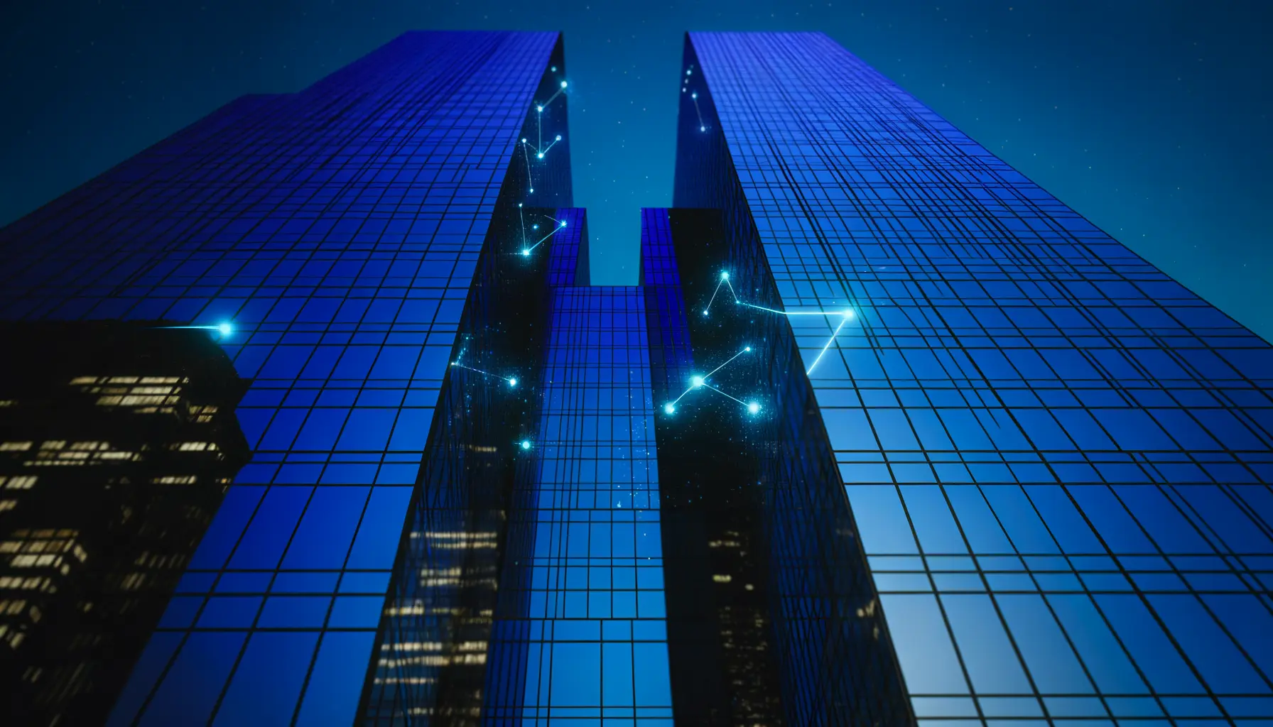 Modern glass skyscrapers with digital network patterns symbolizing blockchain venture capital investment