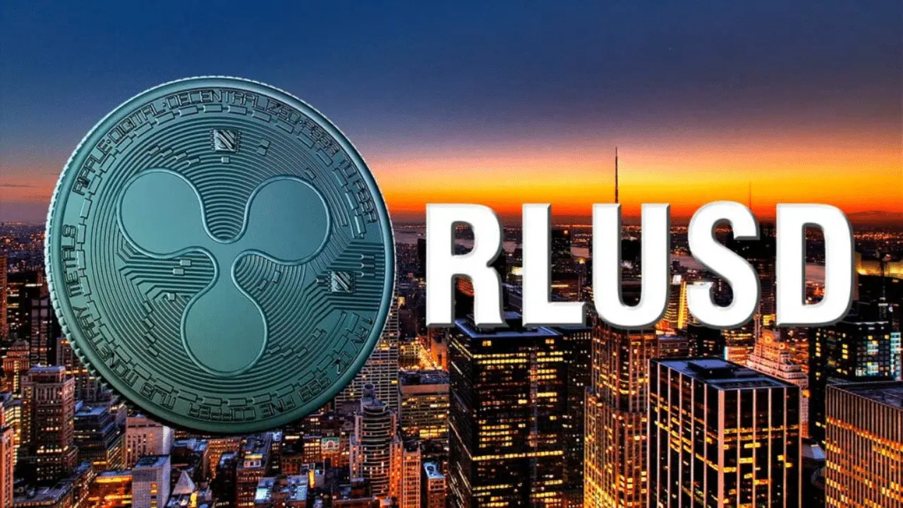 Ripple RLUSD stablecoin logo over a city skyline at sunset.