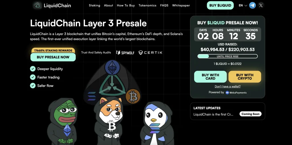 LiquidChain LIQUID cryptocurrency presale webpage showcasing cartoon animals and promotional elements