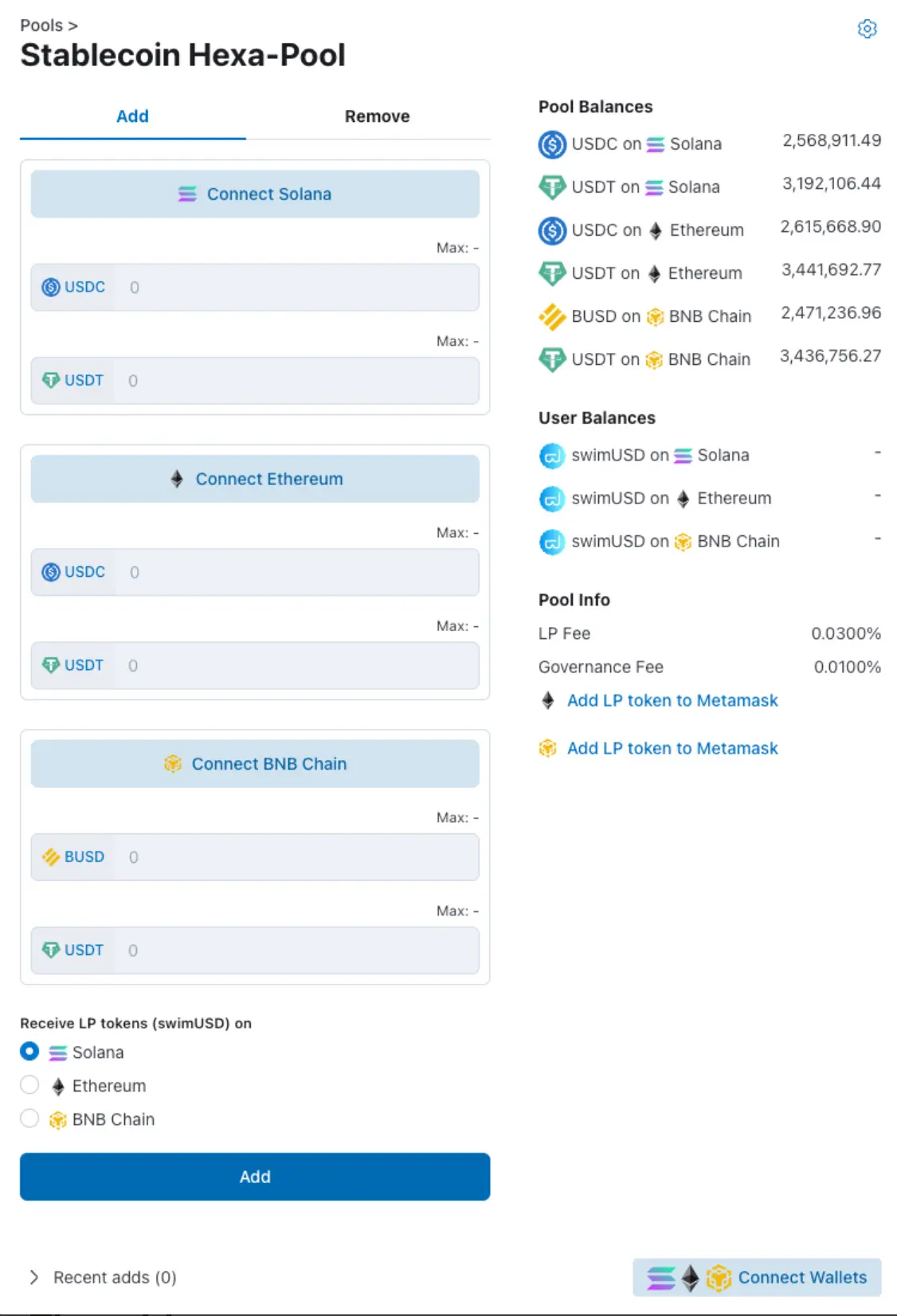 Interface for managing stablecoin liquidity pools on multiple blockchain networks.