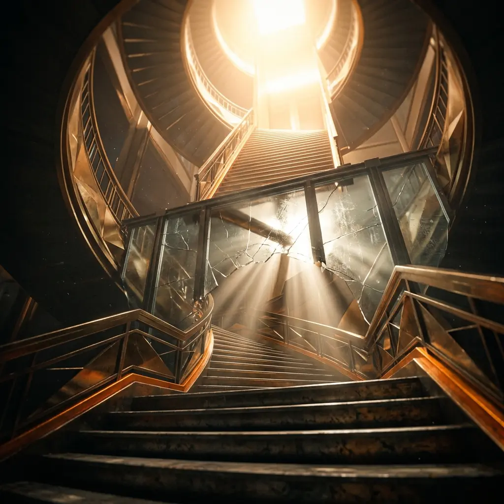 Golden staircase ascending toward light representing Bitcoin price testing resistance levels