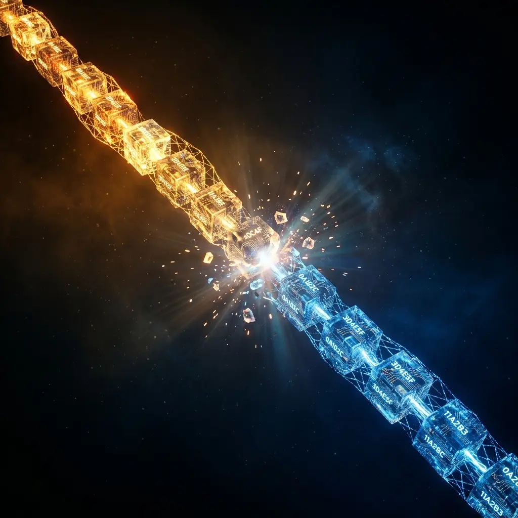 Blockchain fork splitting into two diverging digital chains representing Bitcoin hard fork debate