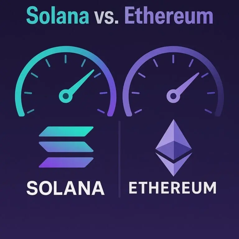 Comparison image showing Solana and Ethereum logos with gauge indicators.
