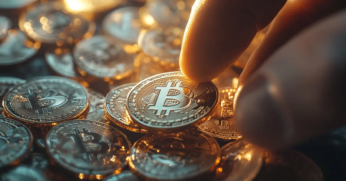 A close-up of a hand holding a Bitcoin among a pile of shiny Bitcoin coins.
