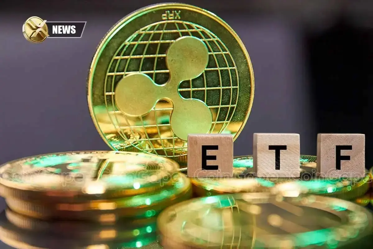 A gold XRP cryptocurrency coin and wooden blocks spelling ETF on a reflective surface.