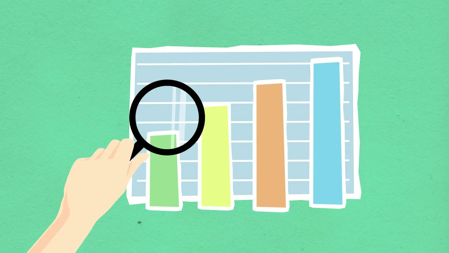 A hand holding a magnifying glass over a colorful bar chart on a green background.