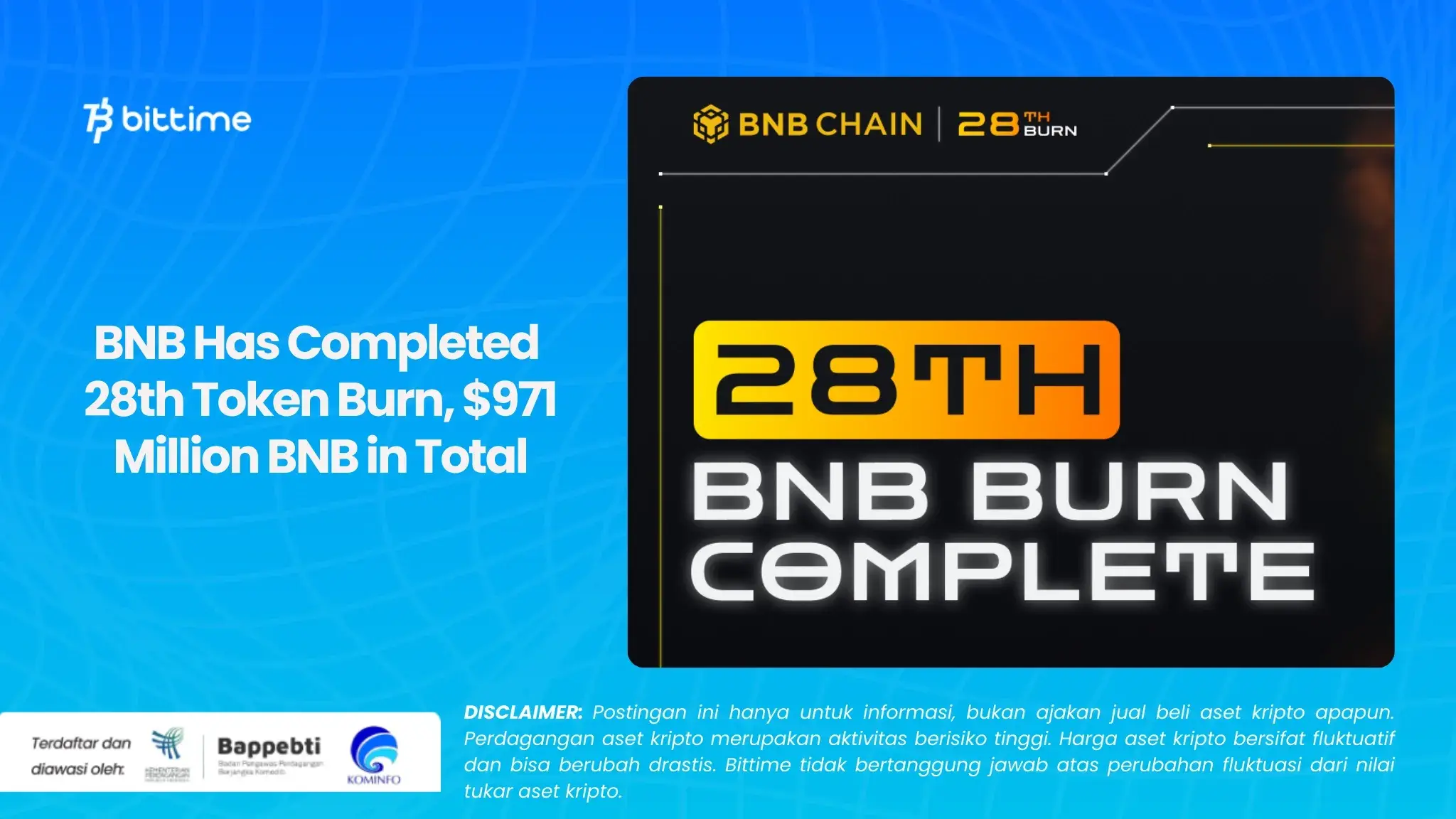 BNB token burn announcement showing 28th burn completion and total value of $971 million.
