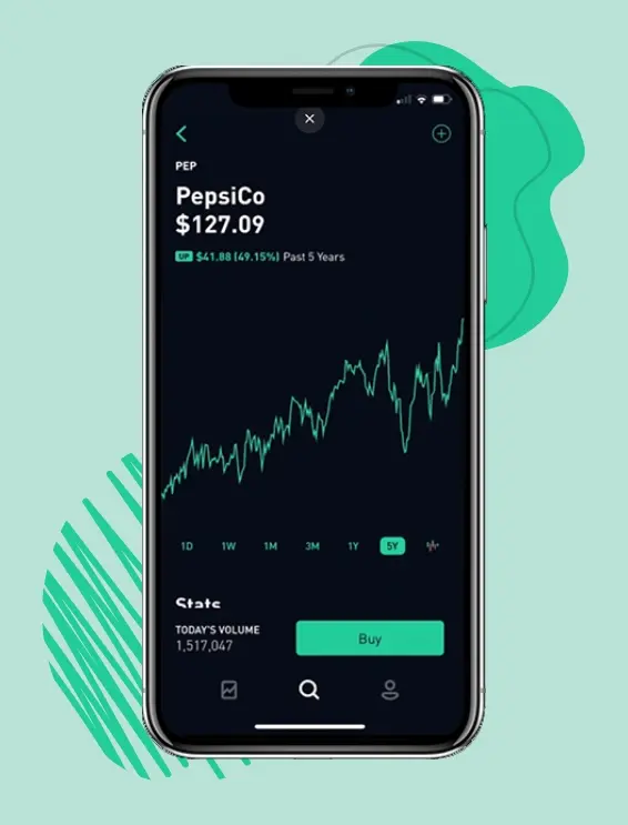 Robinhood app showcasing PepsiCo stock price and performance chart on a smartphone.