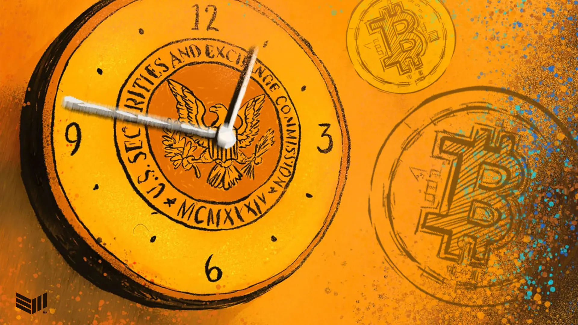 An artistic clock featuring the SEC seal and Bitcoin symbols on an orange background.
