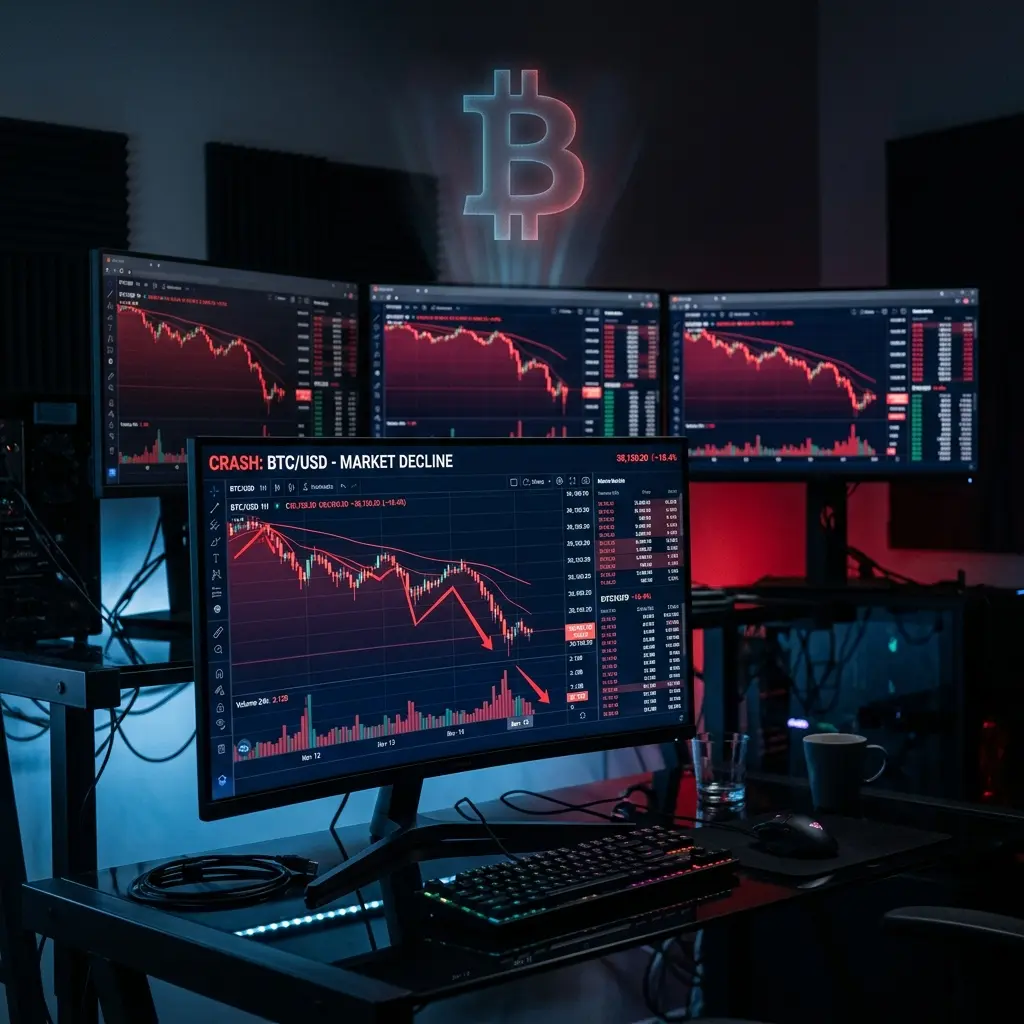 Declining crypto trading volume charts on monitors showing market downturn