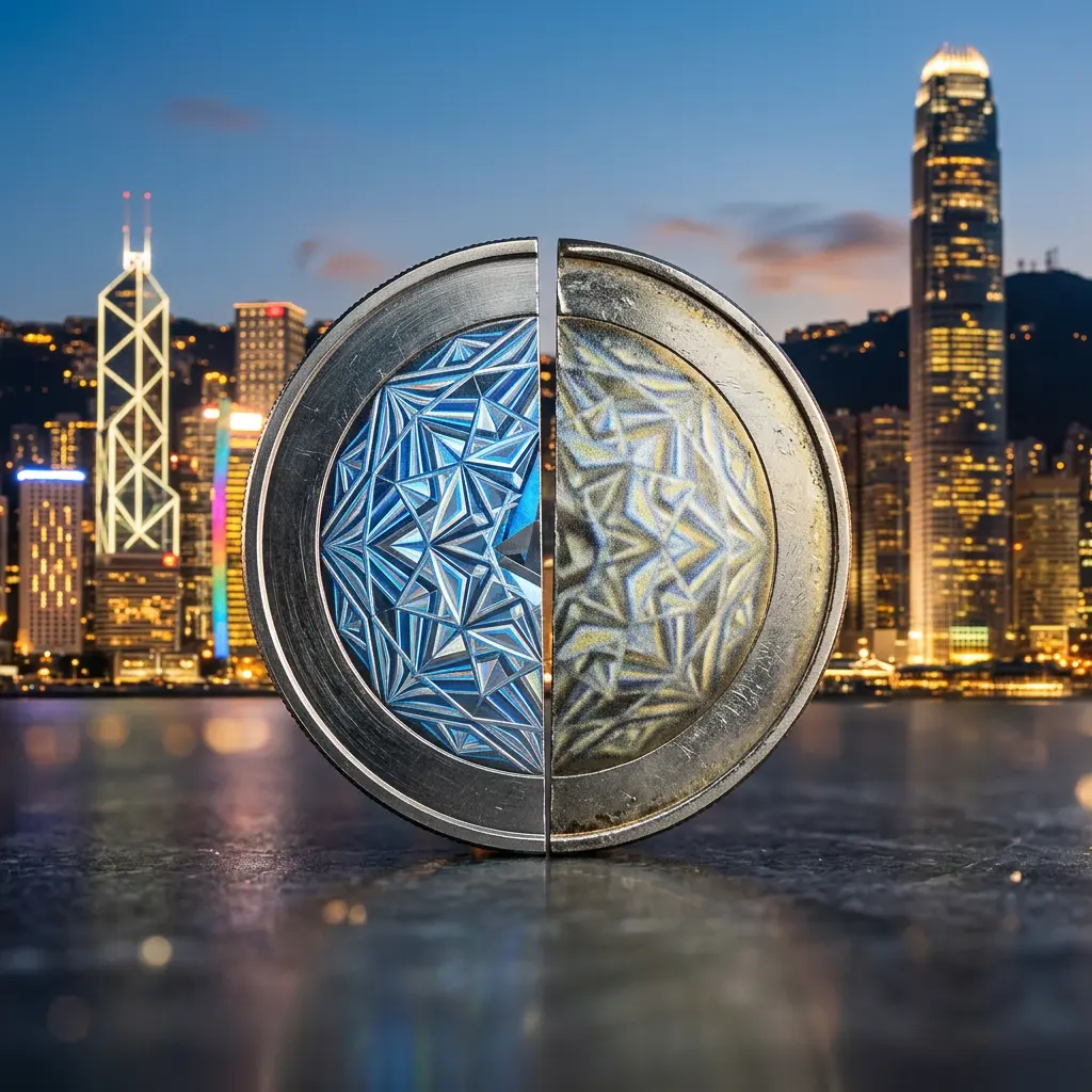 Authentic versus counterfeit coin split comparison with Hong Kong financial skyline