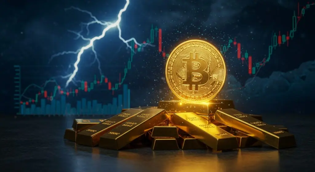 A Bitcoin coin surrounded by gold bars with a dark background and trading graph.