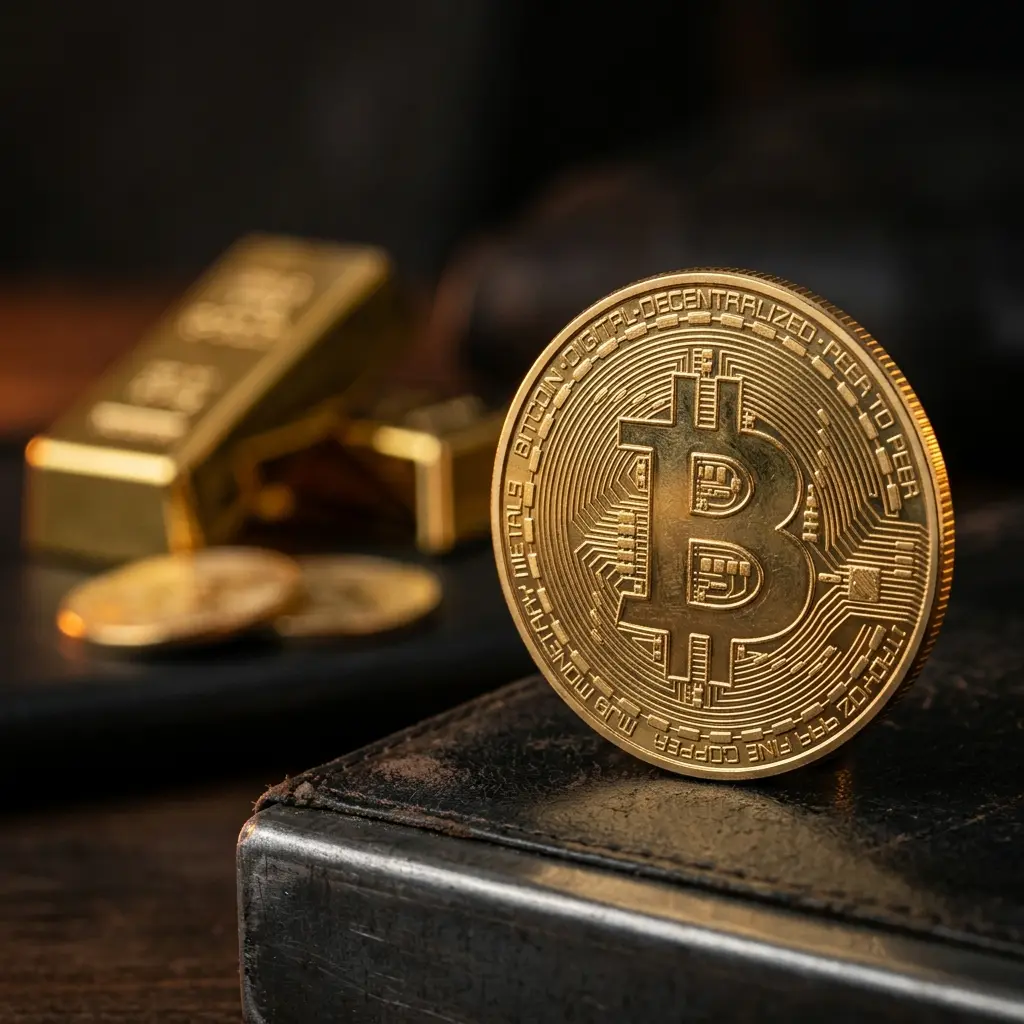 Bitcoin coin in focus with gold bars in background representing inflation hedge comparison