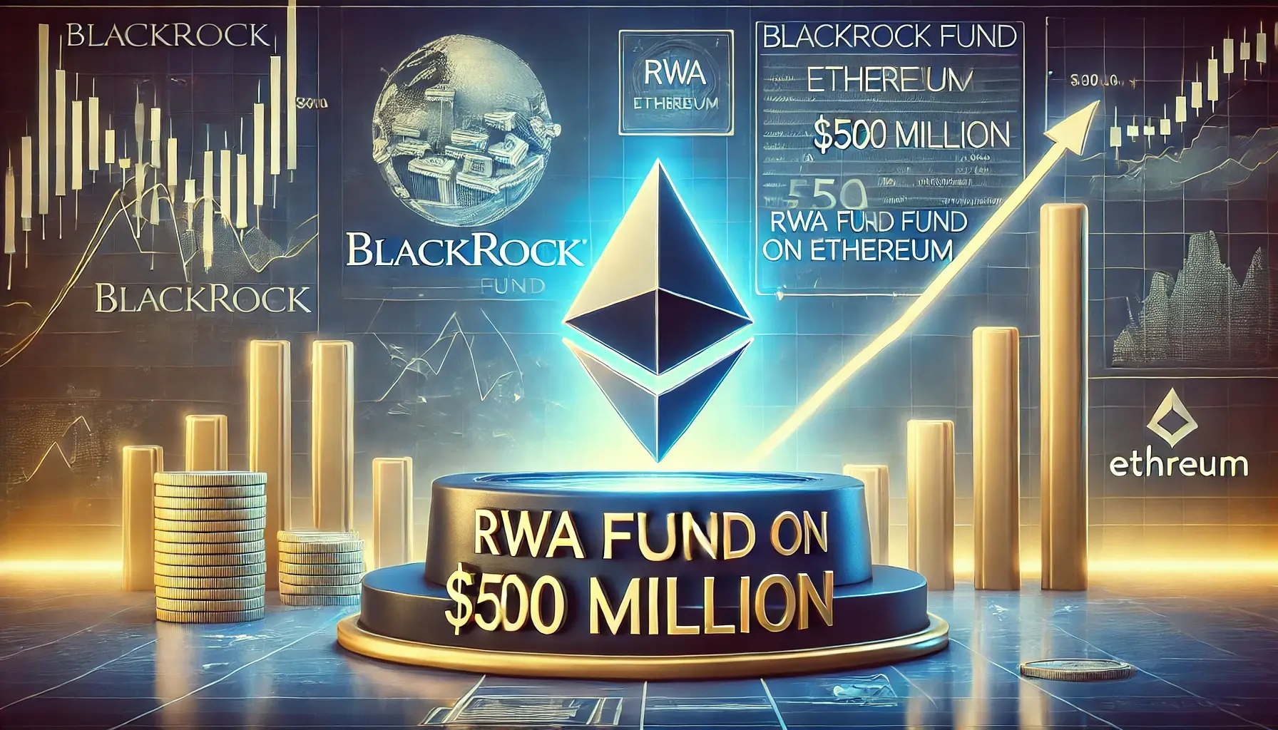 Image showcasing Ethereum symbol and financial data with BlackRock branding and $500 million fund.