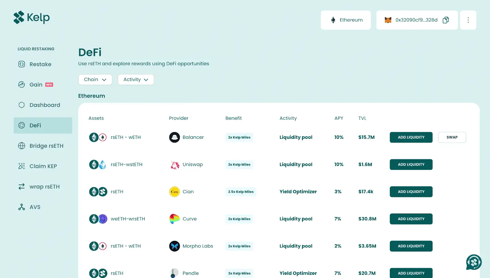 Kelp DAO DeFi interface showing various liquidity pool options for the rsETH token.