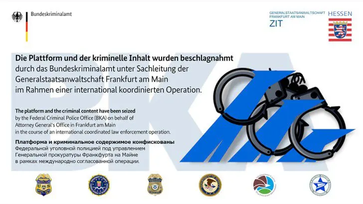 Graphic depicting a law enforcement operation with icons of handcuffs and police badges.