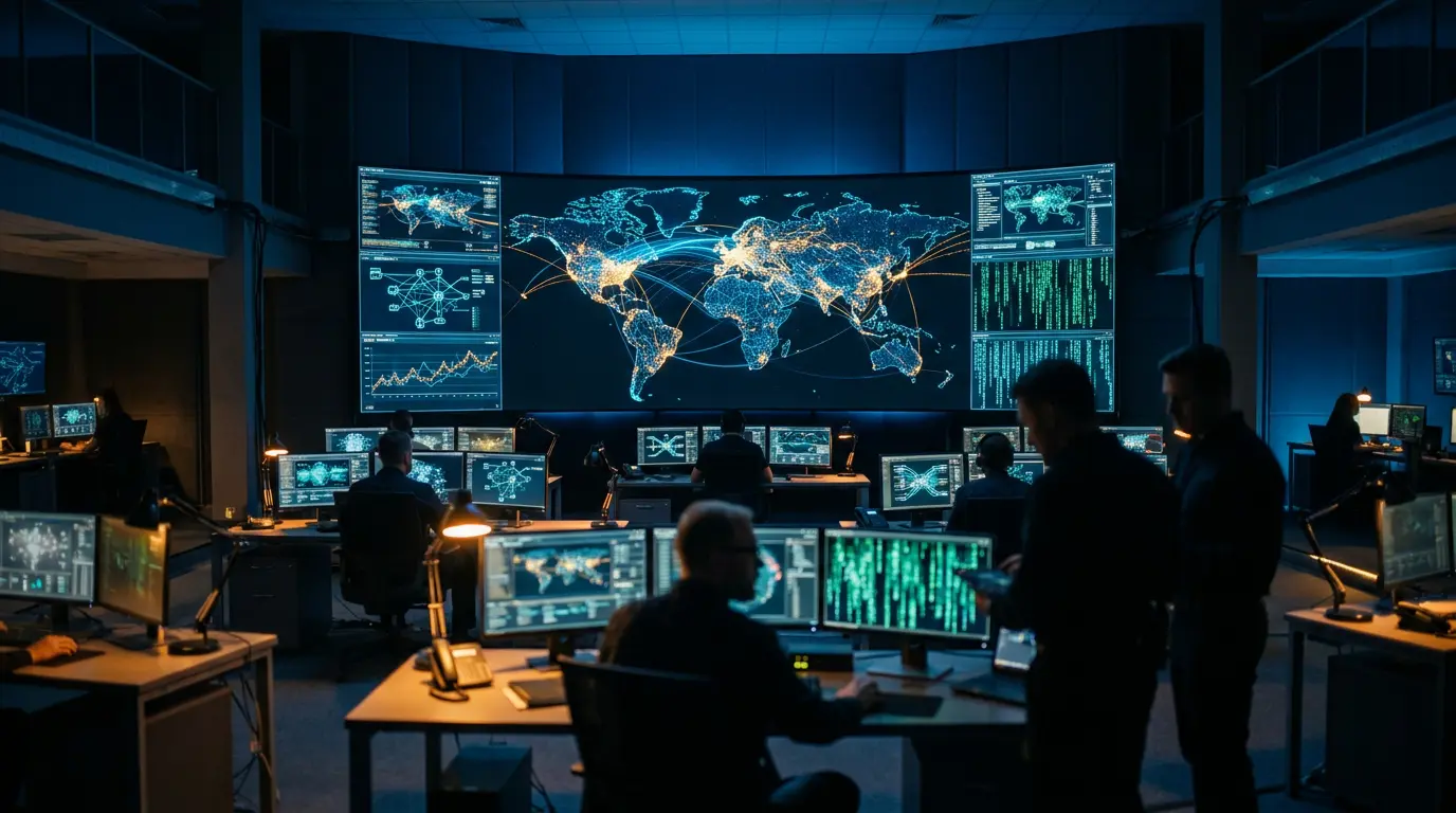 Law enforcement cyber forensics center with blockchain analysis displays and global network visualization