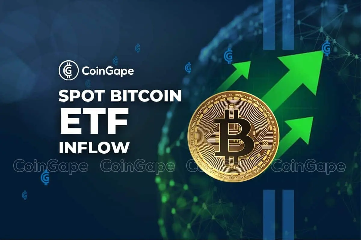 Graphic showing Bitcoin symbol with upward arrows and the text 'Spot Bitcoin ETF Inflow'.