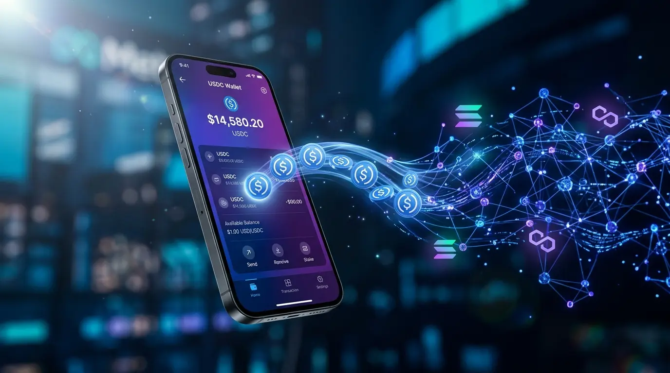 Meta USDC stablecoin payments flowing from smartphone to blockchain networks
