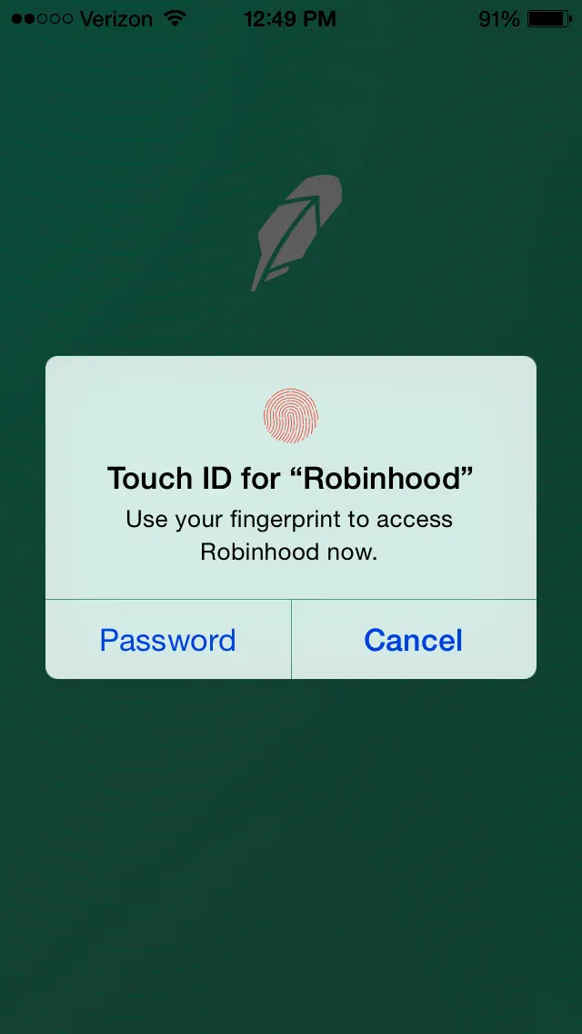 Robinhood app Touch ID prompt with fingerprint icon and options for password or cancel.