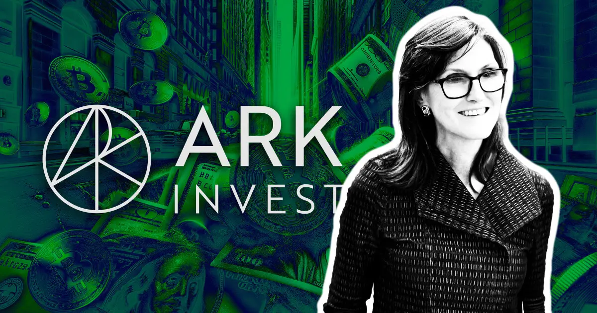Cathy Wood of Ark Invest with Bitcoin graphics and dollar bills in the background.