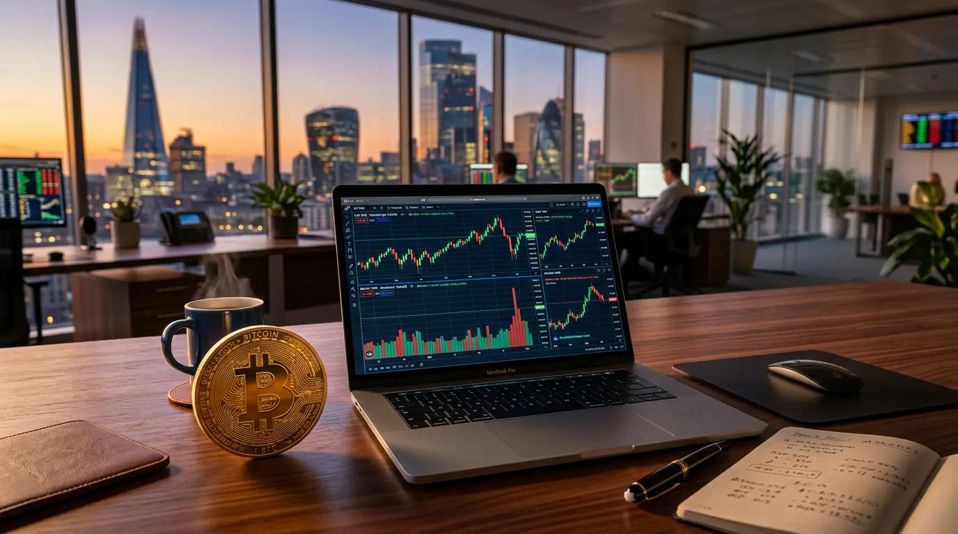 Bitcoin coin on trading desk with laptop showing stock charts at sunset in financial district office
