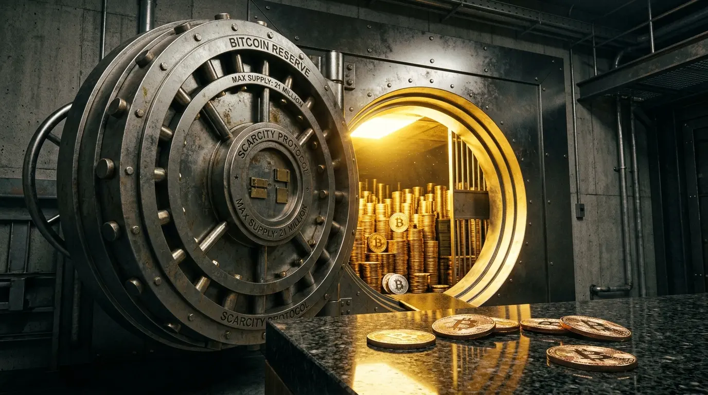 Bitcoin vault with golden light showing supply scarcity and institutional accumulation