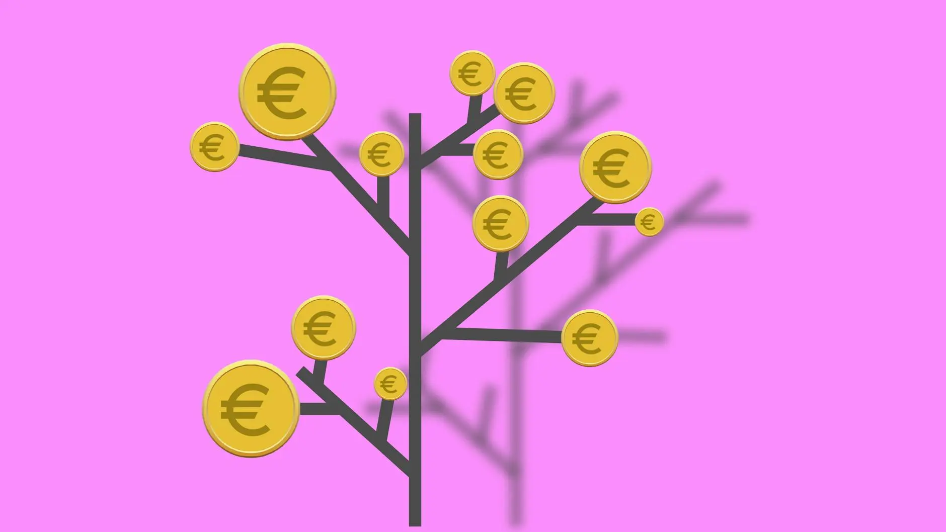Illustration of a tree with gold coins featuring the euro symbol on pink background.
